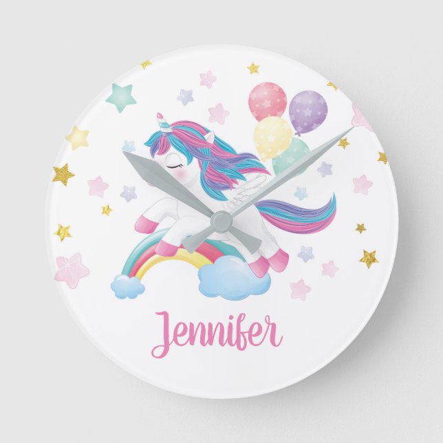 Unicorn Pastel Rainbow Personalised Name Cute Round Clock (Front)