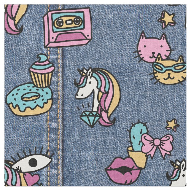 unicorn patches denim fabric (Close Up)