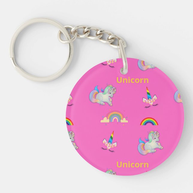 Unicorn pattern on pink key ring (Front)