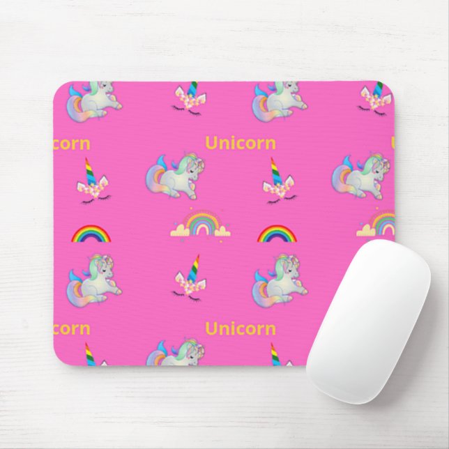 Unicorn pattern on pink mouse pad (With Mouse)
