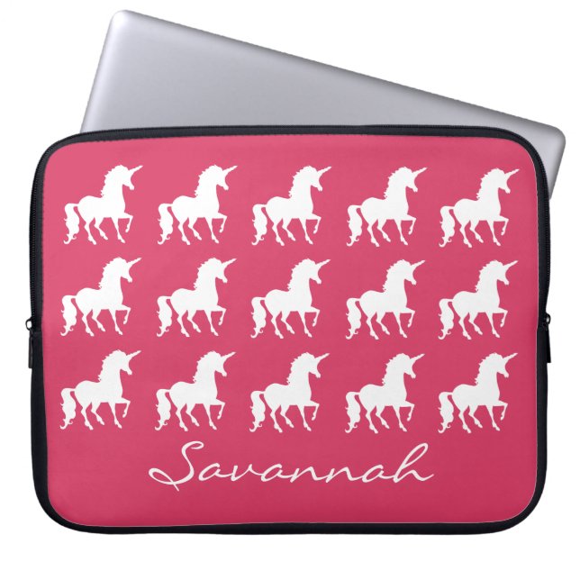 Unicorn Pattern Personalised Pink Silhouette Girls Laptop Sleeve (Front)