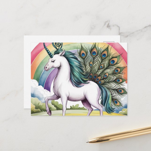 Unicorn Peacock Postcard (Front/Back In Situ)