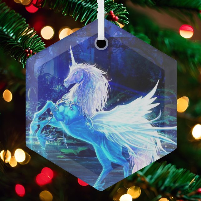 Unicorn Pegasus Blue Moonlight Christmas Tree Glass Tree Decoration (Creator Uploaded)
