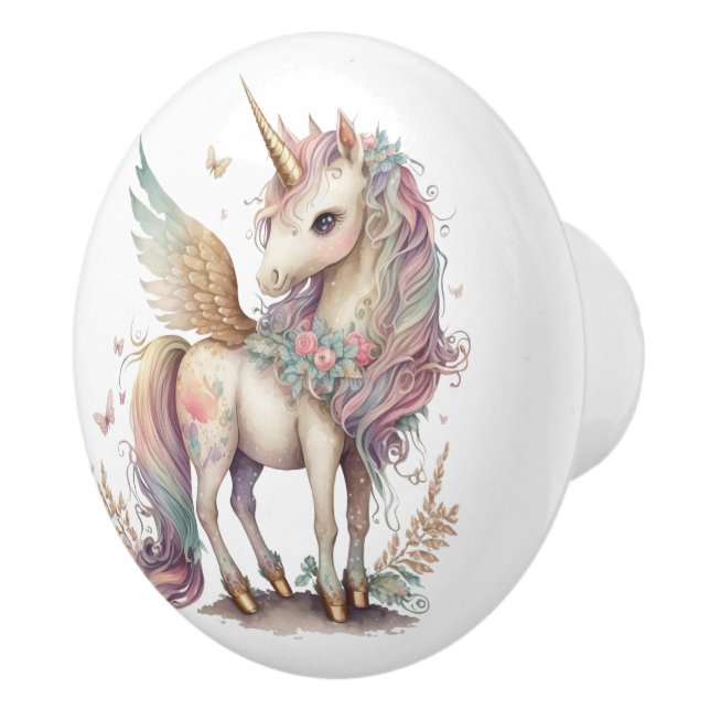Unicorn Pegasus Fantasy Pastel Pink Blue Ceramic Knob (Right)