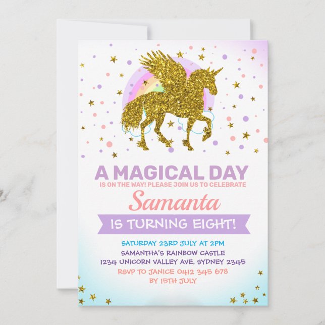 Unicorn Pegasus Gold Invitation (Front)