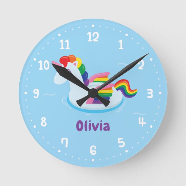 Unicorn Pegasus Rainbow Pool Float Kids Room Decor Round Clock (Front)