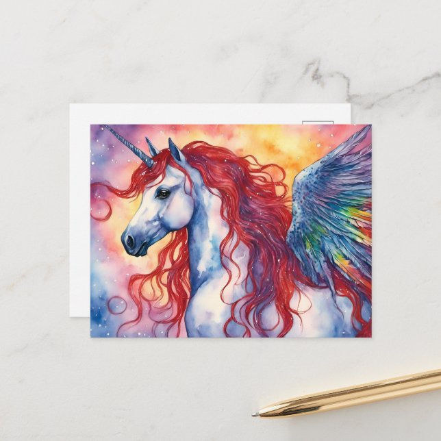 Unicorn Pegasus With Red Mane Postcard (Front/Back In Situ)