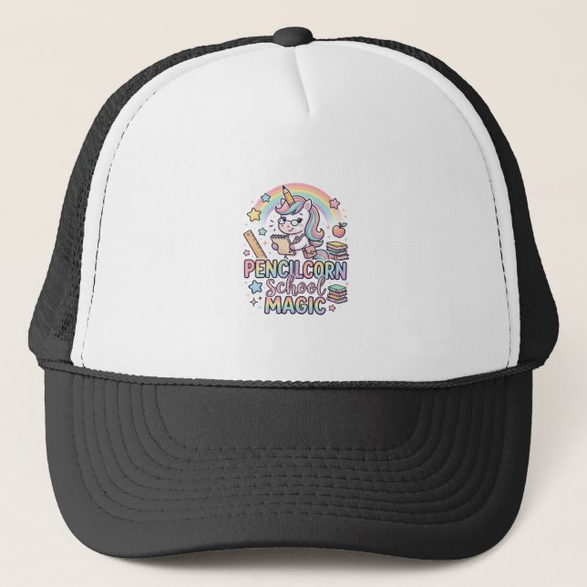 Unicorn Pencilcorn School Magic Adorable Sticker a Trucker Hat (Front)
