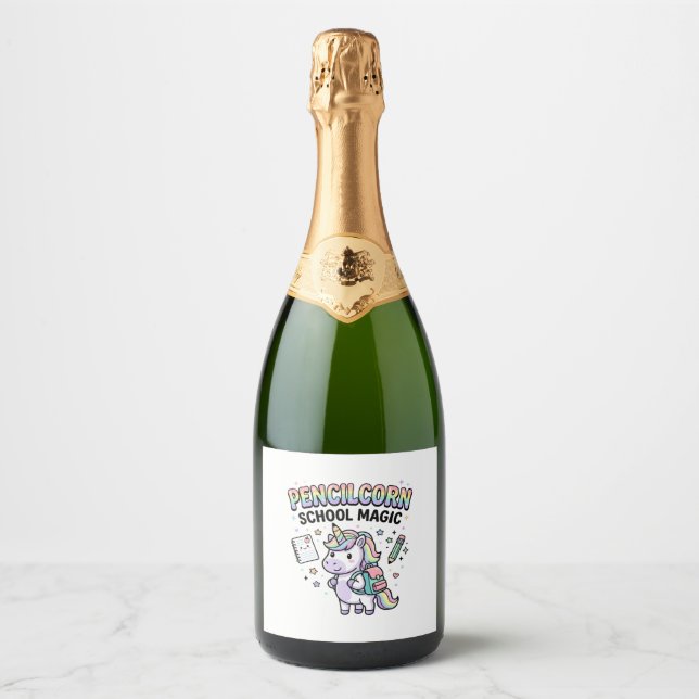 Unicorn Pencilcorn School Magic Charming Merch Des Sparkling Wine Label (Front)
