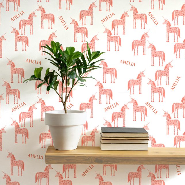 Unicorn Personalised Name Pink Wallpaper (Personalized custom name pink unicorn peel and stick wallpaper for a nursery, baby or girl’s room)