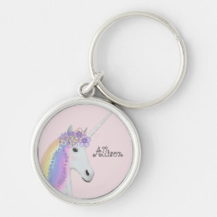 Unicorn Personalised Rainbow Pink Round Key Ring