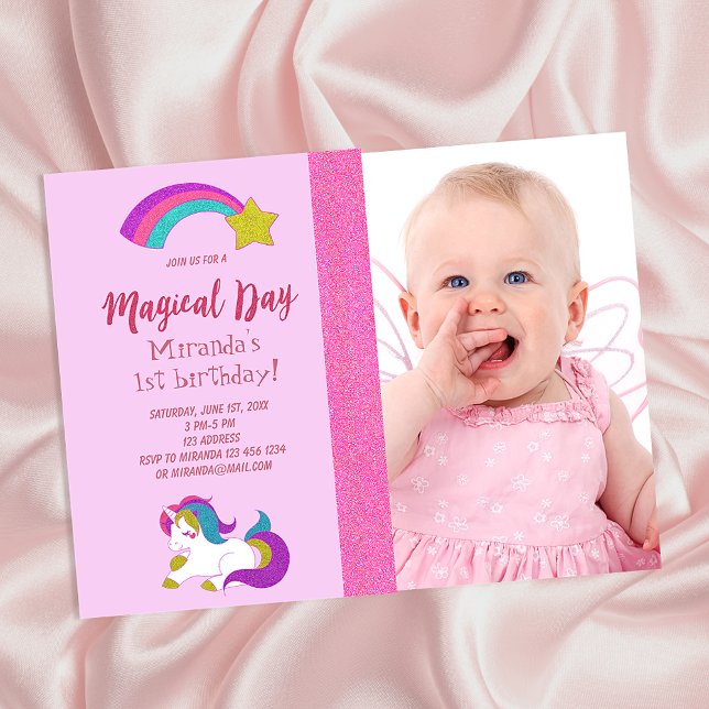 Unicorn photo 1st birthday girl party invitation postcard (Creator Uploaded)
