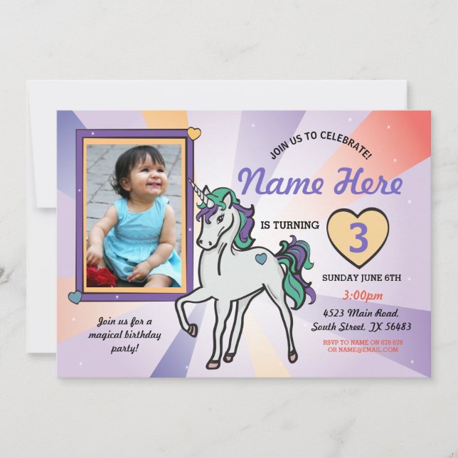 Unicorn Photo Birthday Invitation Purple Hearts (Front)
