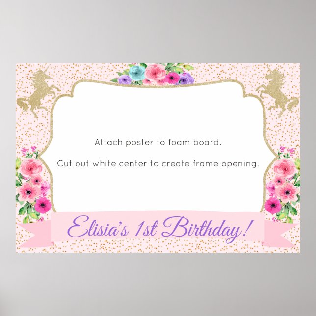 Unicorn Photo Booth Frame Prop Poster Gold Floral (Front)