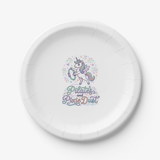 Unicorn Pilates and Pixie Dust White Background Ve Paper Plate (Front)