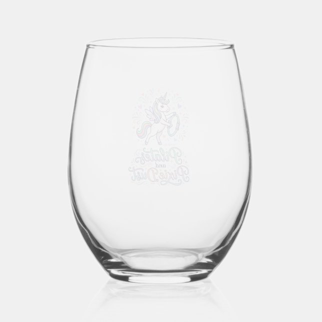 Unicorn Pilates and Pixie Dust White Background Ve Stemless Wine Glass (Front)