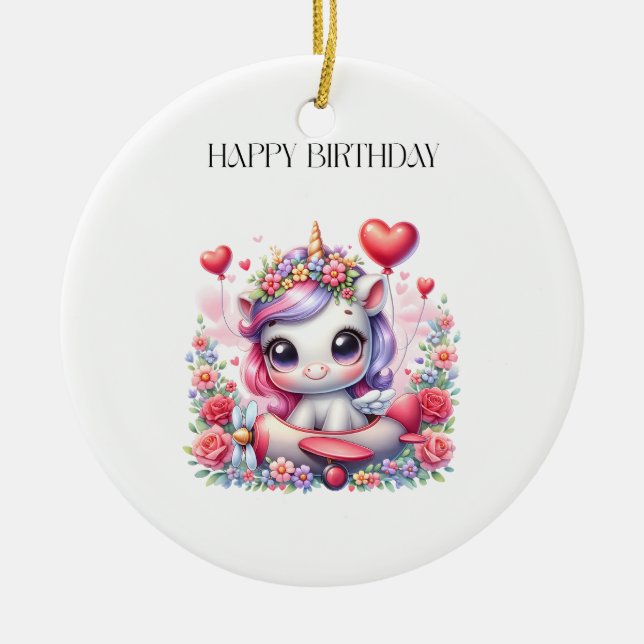 Unicorn Pilot Birthday Ceramic Tree Decoration (Front)