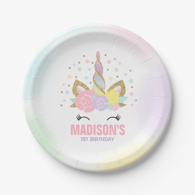 Unicorn Pink And Gold Paper Plate 7" Paper Plates (Front)