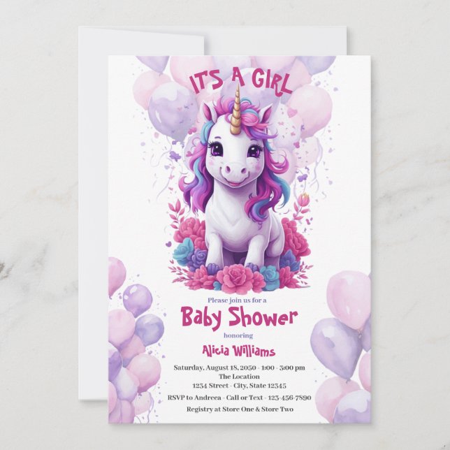 Unicorn Pink and Purple Baby Shower Invitation (Front)