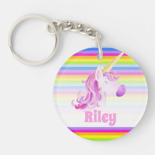 Unicorn pink and rainbow stripes custom name key ring