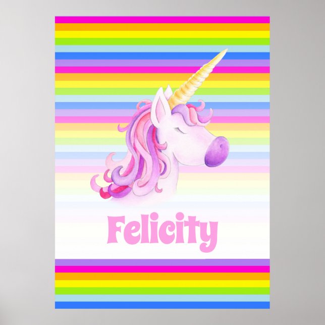 Unicorn pink and rainbow stripes custom name poster (Front)