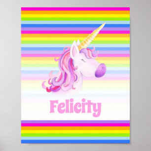 Unicorn pink and rainbow stripes custom name poster