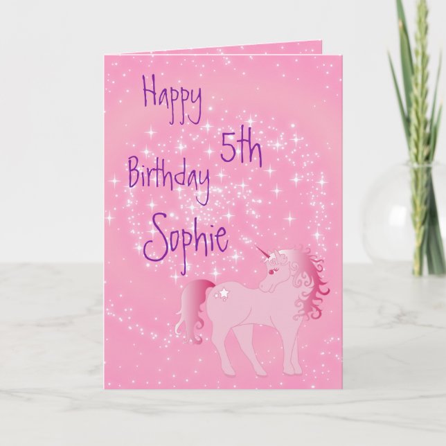 Unicorn Pink and White Cute Girl Age Birthday Card (Front)