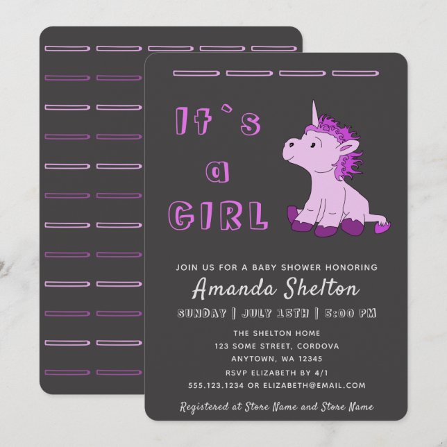 Unicorn Pink Baby Girl Shower Invitation Card (Front/Back)