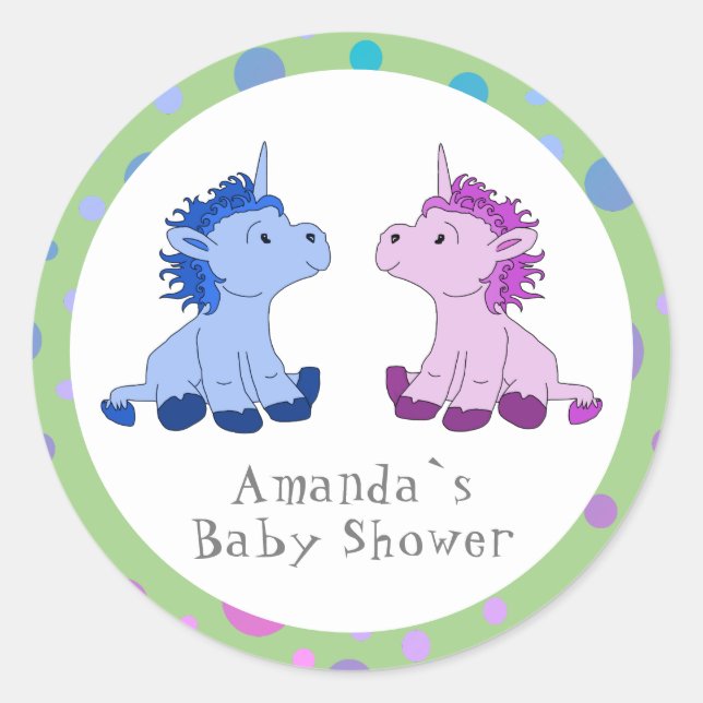 Unicorn Pink Blue Twin Baby Shower Classic Round Sticker (Front)