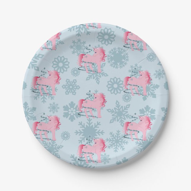 Unicorn Pink Cute Girl Whimsical Snowflakes Paper Plate (Front)