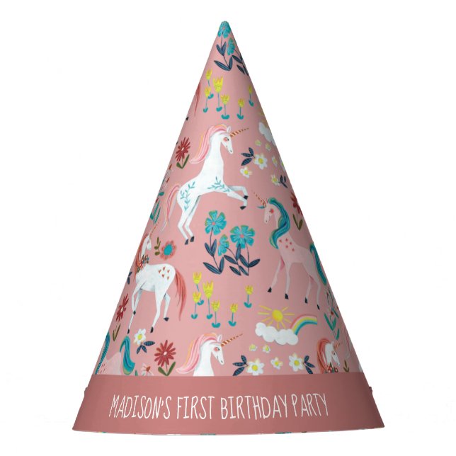 Unicorn pink cute magical girls first birthday party hat (Front)