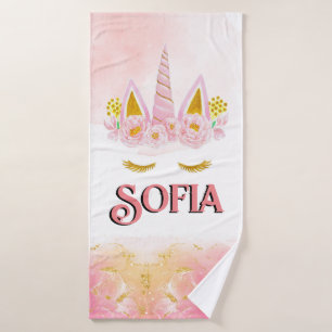 Unicorn Pink  Floral Gold Glitter Personalised   Bath Towel
