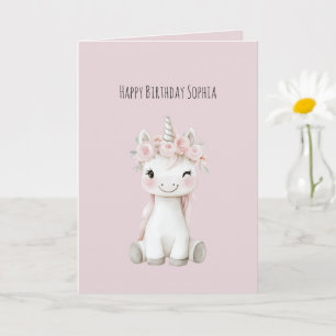 Unicorn Pink Flowers Birthday Card