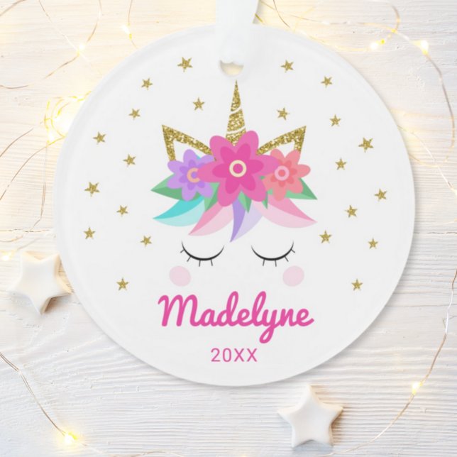 Unicorn Pink Flowers Stars Personalized Name Ornament (Creator Uploaded)