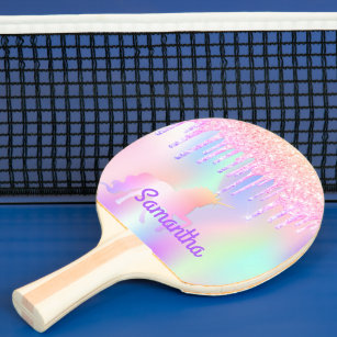 Unicorn pink glitter drips holographic name ping pong paddle