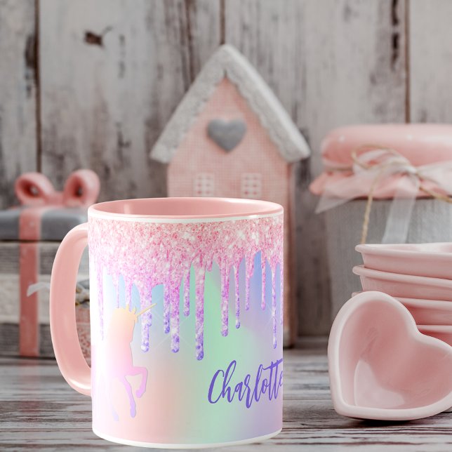 Unicorn pink glitter drips holographic purple name mug (Creator Uploaded)