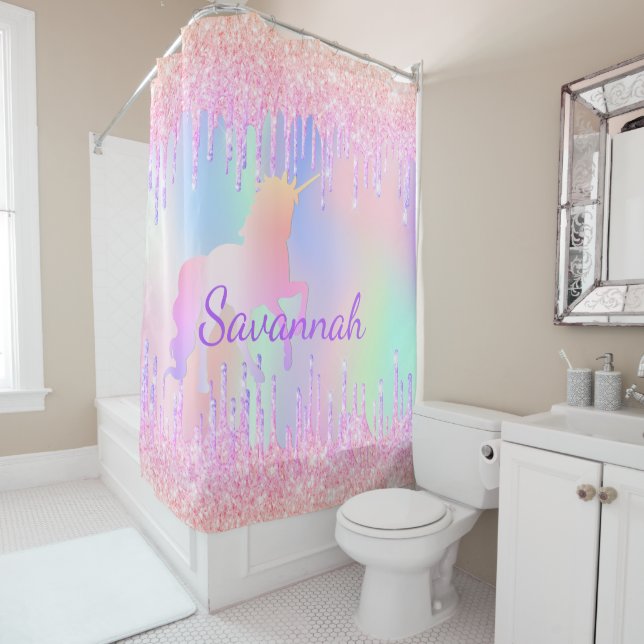 Unicorn pink glitter drips name girl holographic shower curtain (In Situ)