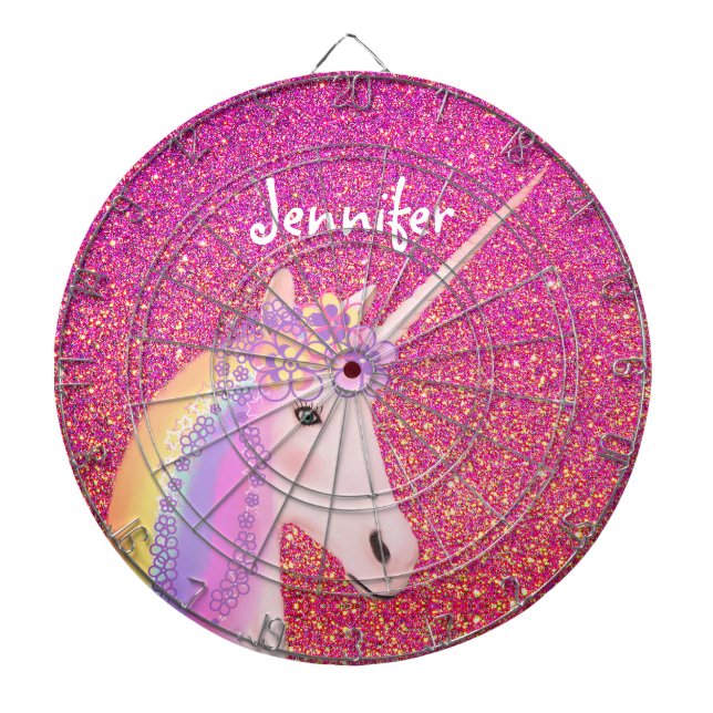 Unicorn Pink Glitter Fantasy Girls Personalised Dartboard (Front)