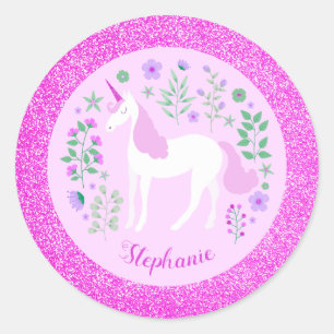 Unicorn Pink Glitter Personalised Name Classic Round Sticker