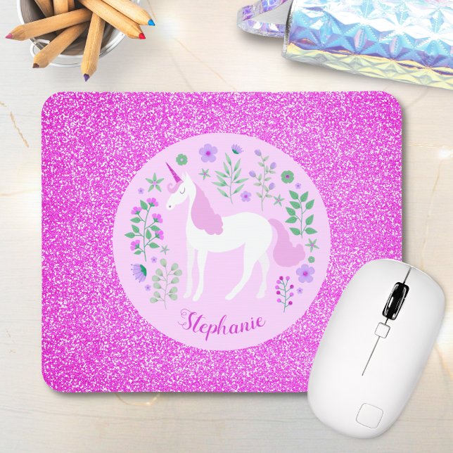 Unicorn Pink Glitter Personalised Name Mouse Pad (Creator Uploaded)