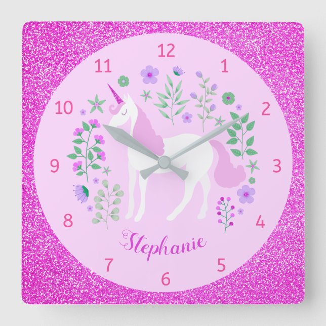 Unicorn Pink Glitter Personalised Name Square Wall Clock (Front)