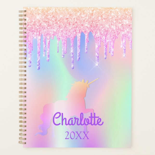 Unicorn pink glitter purple name planner (Front)