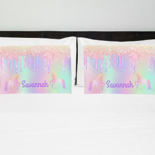 Unicorn pink glitter rainbow coloured monogram pillowcase