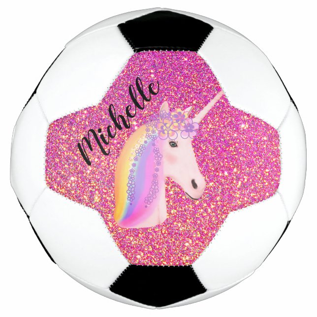 Unicorn Pink Glitter Sparkles Girls Personalised Soccer Ball (Front)