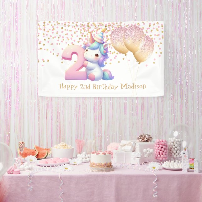 Unicorn Pink Gold Balloons 2nd Girls Birthday Banner (Party)