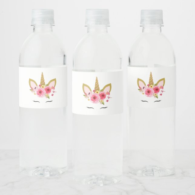 Unicorn Pink Gold Birthday Party Water Bottle Label (Bottles)