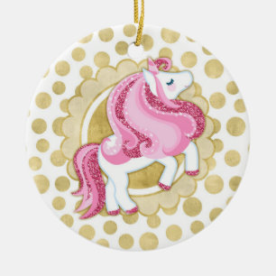 Unicorn Pink Gold Cute Fantasy Ceramic Tree Decoration