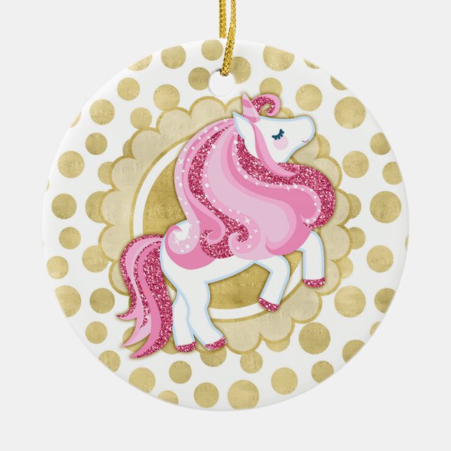 Unicorn Pink Gold Cute Fantasy Ceramic Tree Decoration (Front)