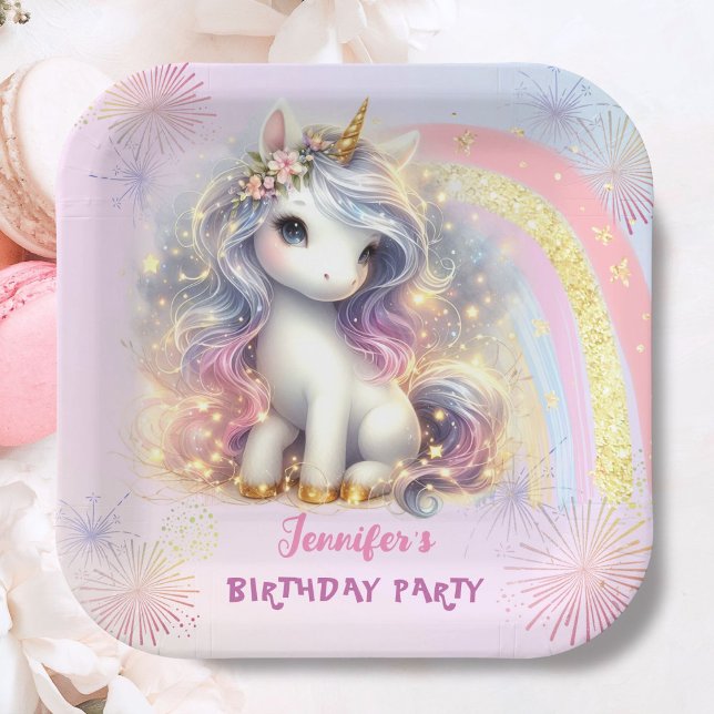 Unicorn Pink Gold Glitter Girl Birthday  Paper Plate (Creator Uploaded)