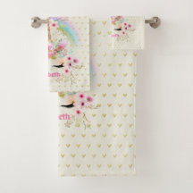 Unicorn Pink Gold Glitter Look Named Girls Floral Bath Towel Set